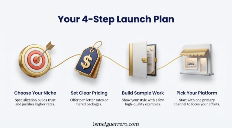 4-step launch plan infographic showing a target, price tag, portfolio, and storefront representing niche selection, pricing, sample work, and platform choice.