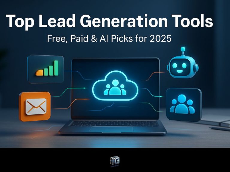 "3D illustration of a laptop with glowing cloud and icons for email, analytics, chatbot, and user groups, representing top lead generation tools for 2025."
