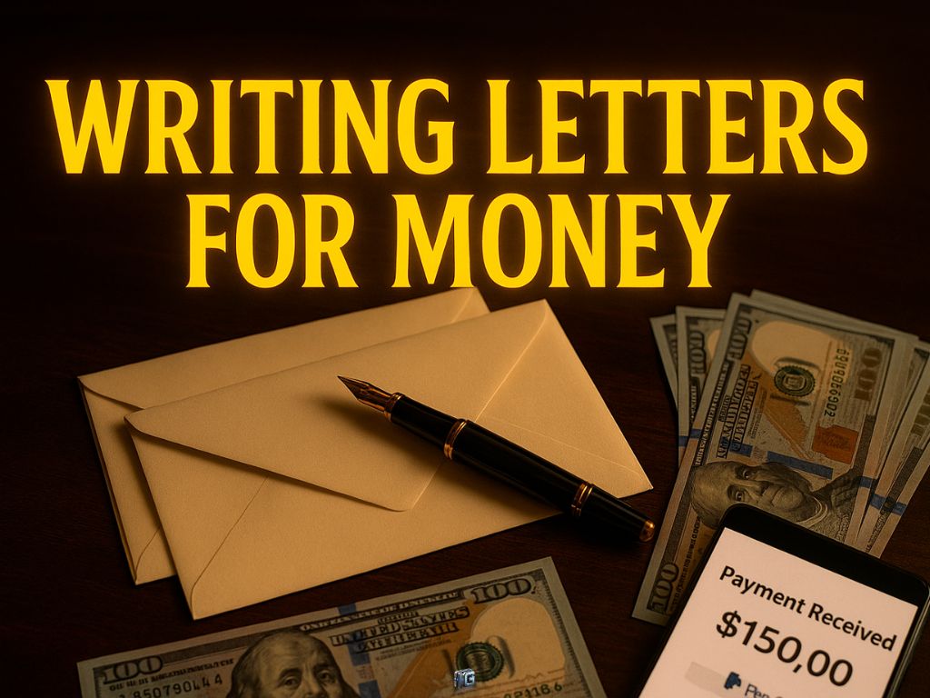 Envelopes, fountain pen, cash, and smartphone showing $150 PayPal payment under glowing headline "Writing Letters for Money" highlighting paid personal writing services.