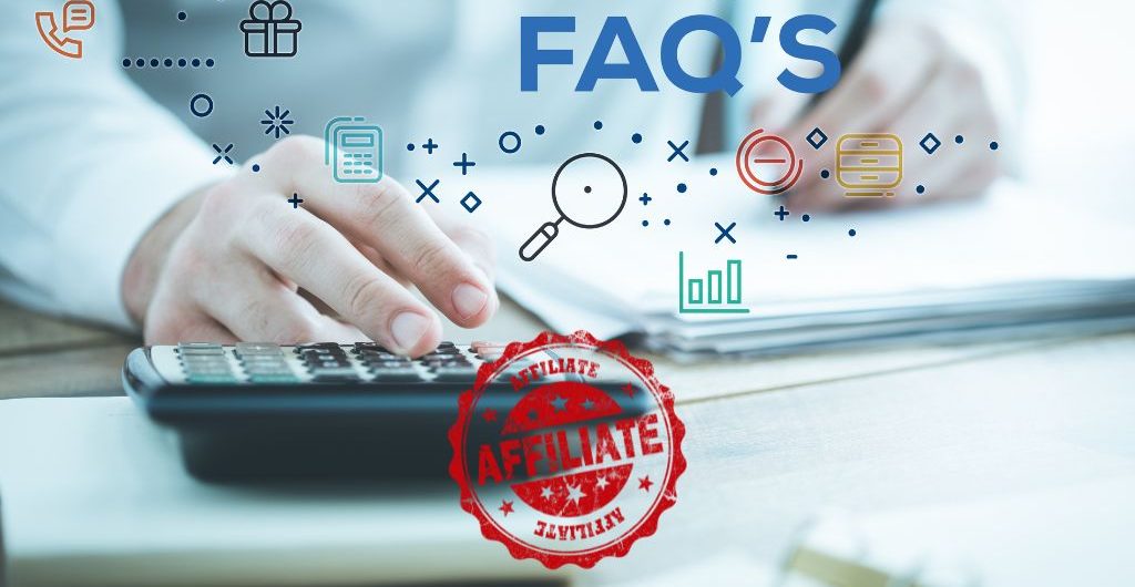 “A hand using a calculator while writing in a notebook, with colorful icons and ‘FAQ’S’ text, and a red ‘AFFILIATE’ stamp, representing affiliate marketing frequently asked questions.”