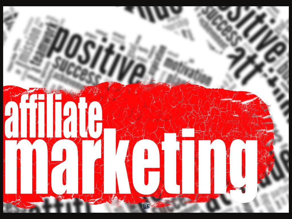 “Bold red and white graphic with the words ‘affiliate marketing,’ surrounded by blurred words like ‘positive,’ ‘success,’ and ‘motivation,’ symbolizing the potential success in affiliate marketing.”