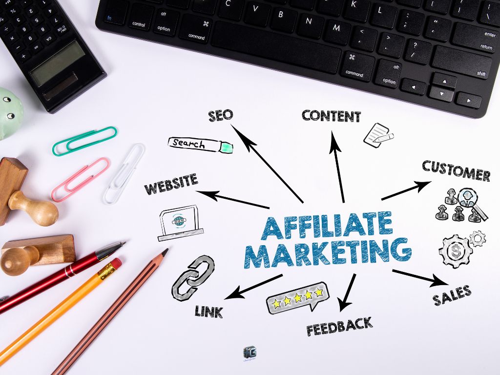 “An affiliate marketing strategy flowchart with arrows pointing to key elements like SEO, content, website, link, feedback, customer, and sales, surrounding the words ‘AFFILIATE MARKETING.’”