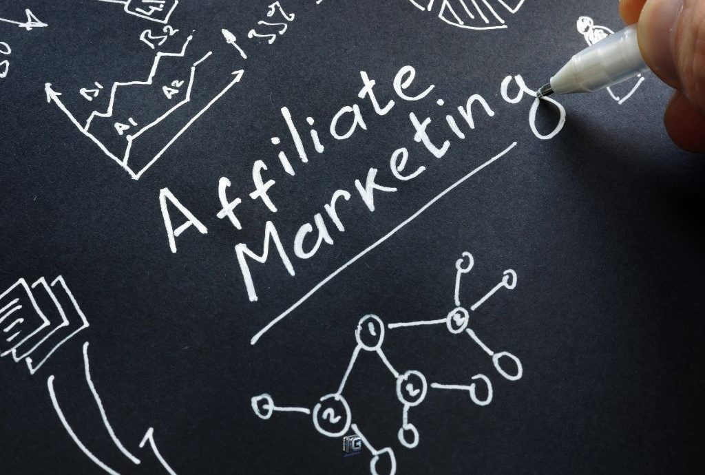 “Hand writing ‘Affiliate Marketing’ on a chalkboard surrounded by diagrams such as graphs, dollar signs, and network connections, symbolizing affiliate marketing strategy and planning.”