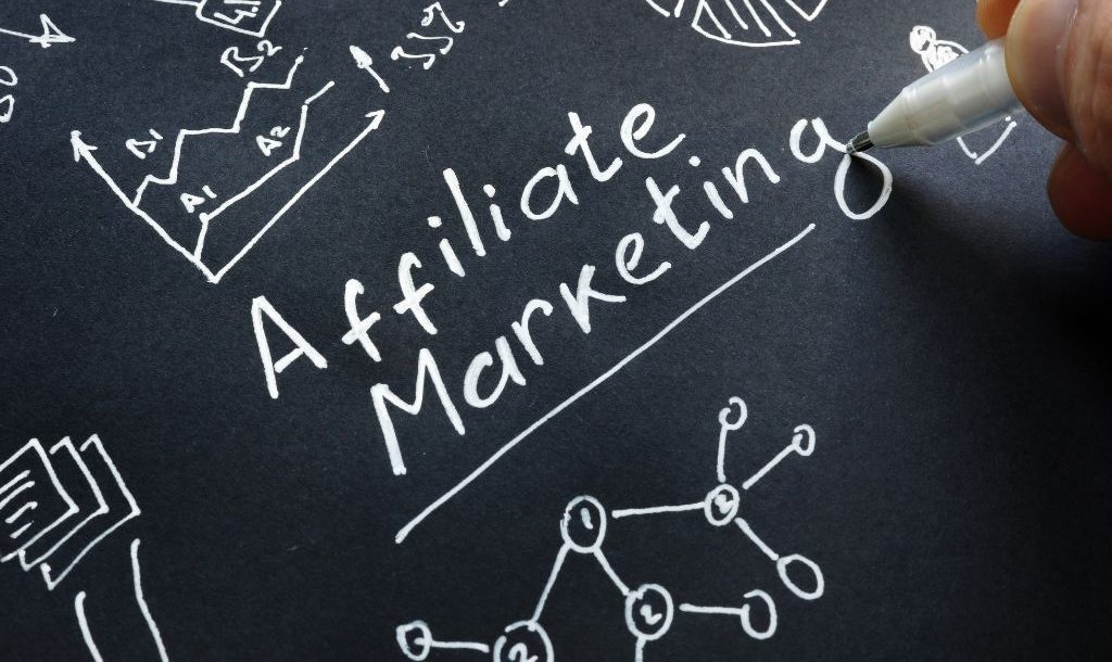 “Hand writing ‘Affiliate Marketing’ on a chalkboard surrounded by diagrams such as graphs, dollar signs, and network connections, symbolizing affiliate marketing strategy and planning.”