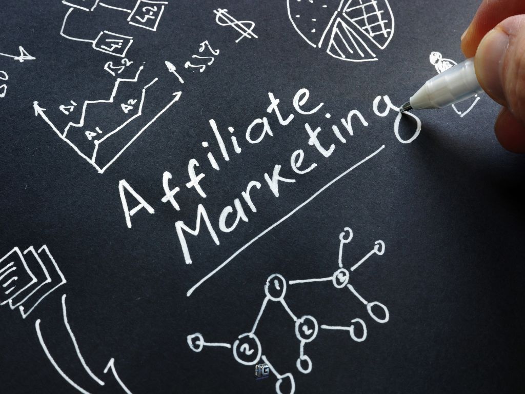 “Hand writing ‘Affiliate Marketing’ on a chalkboard surrounded by diagrams such as graphs, dollar signs, and network connections, symbolizing affiliate marketing strategy and planning.”