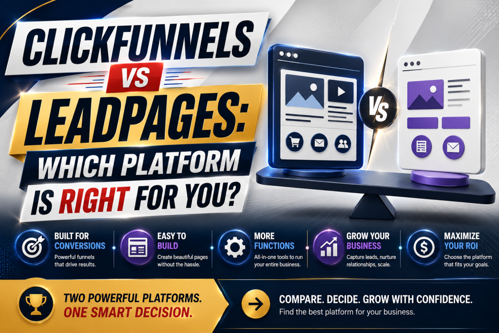 Hero image titled “ClickFunnels vs Leadpages. Which Platform Is Right for You?” showing two website platform mockups, a comparison symbol, and key points for conversions, ease of building, features, business growth, and ROI.
