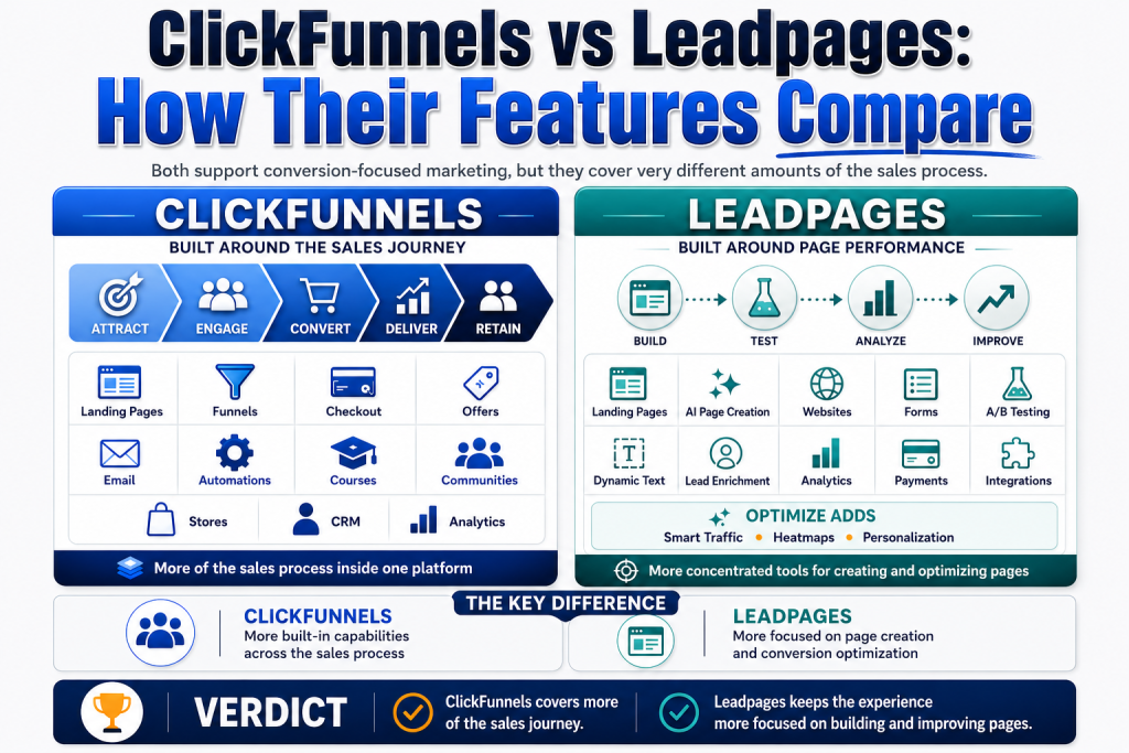 Infographic titled “ClickFunnels vs Leadpages: How Their Features Compare” showing a side-by-side feature comparison of ClickFunnels and Leadpages, with ClickFunnels focused on the broader sales journey and Leadpages focused on page creation and conversion optimization.