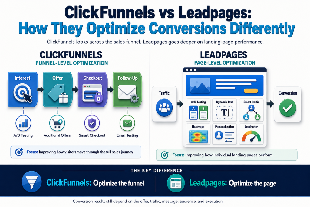 Infographic titled “ClickFunnels vs Leadpages: How They Optimize Conversions Differently” showing ClickFunnels optimizing the full funnel and Leadpages optimizing individual landing pages.