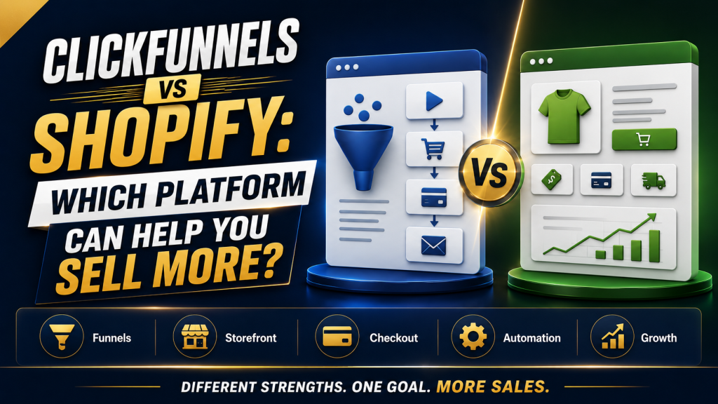 Hero image titled “ClickFunnels vs Shopify. Which Platform Can Help You Sell More?” showing a side-by-side comparison of funnel and storefront platform visuals, with key points for funnels, storefronts, checkout, automation, and growth.