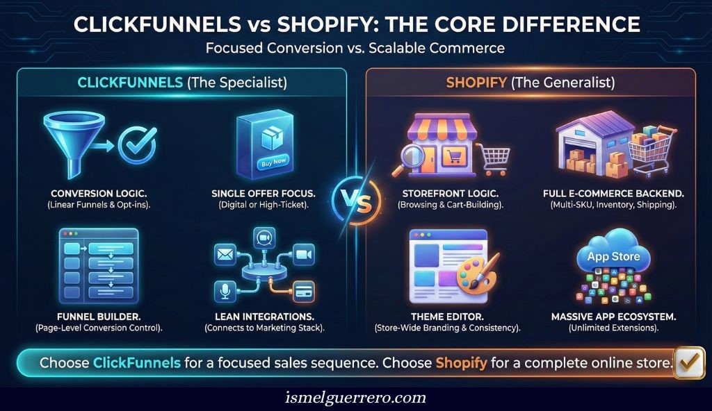 Visual comparison between ClickFunnels and Shopify, showing conversion-focused funnels versus scalable ecommerce store features.