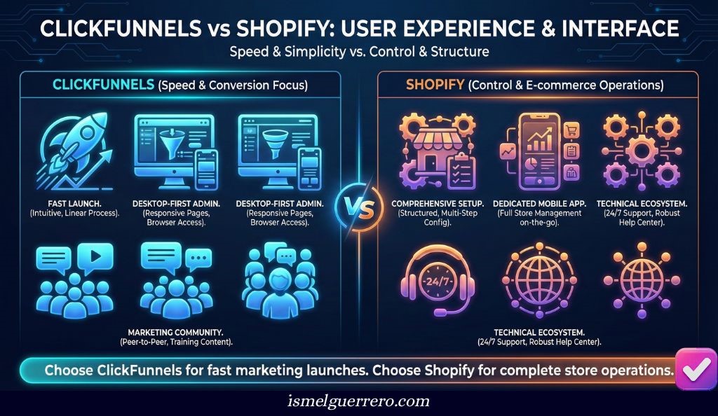 Infographic comparing ClickFunnels and Shopify interfaces speed and simplicity vs structured ecommerce setup and support.
