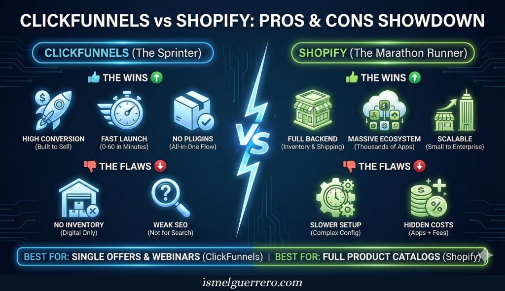 Side-by-side infographic comparing ClickFunnels and Shopify pros and cons conversion speed vs full ecommerce backend.