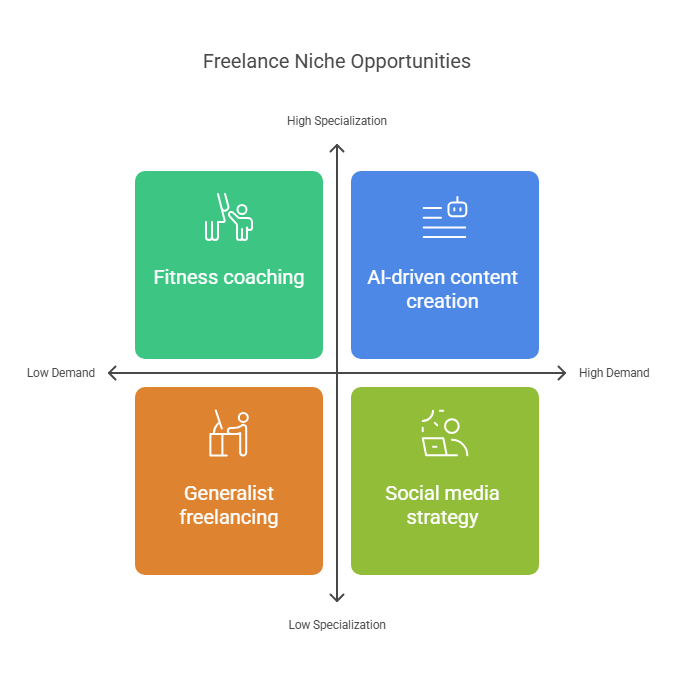 A quadrant diagram displaying freelance niche opportunities based on demand and specialization, including fitness coaching and social media strategy.