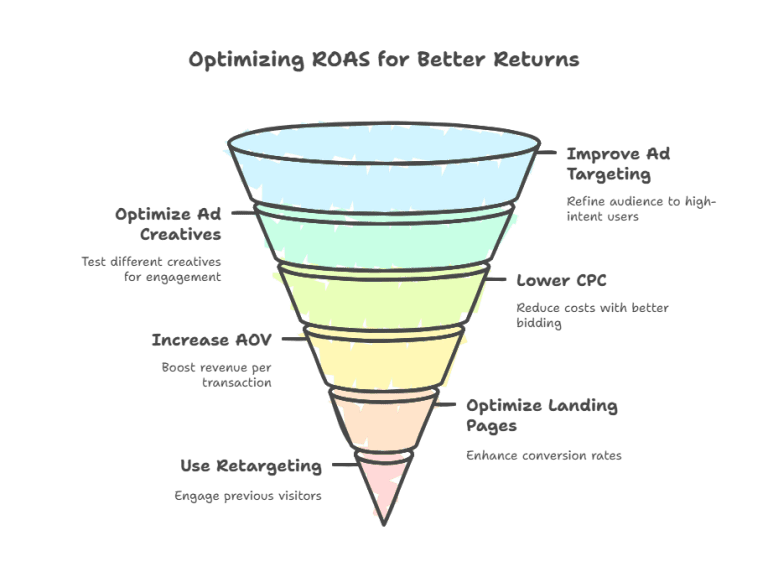 A marketing funnel illustrating key steps to improve ROAS, such as ad targeting, creative optimization, and landing page refinement.