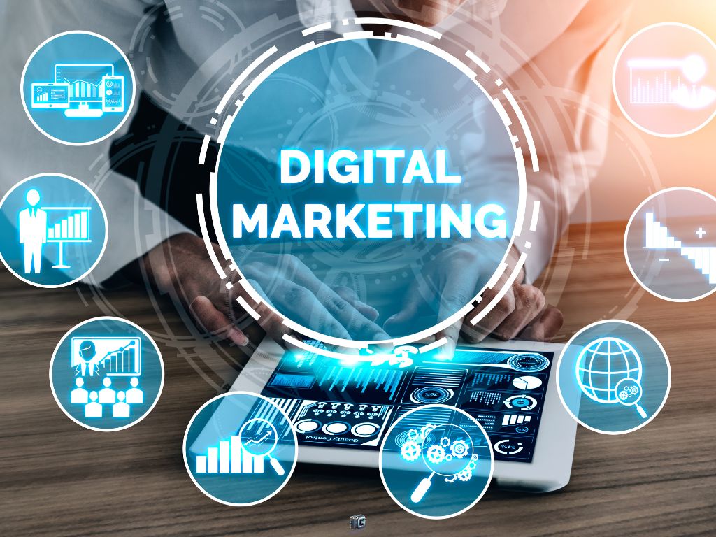 Hands using a tablet surrounded by digital marketing icons like SEO, analytics, automation, and global reach, with a glowing “Digital Marketing” headline in the center.