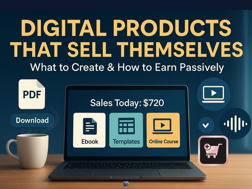Laptop showing $720 in daily sales from digital products like ebooks, templates, and online courses, with icons for downloads and passive income tools.
