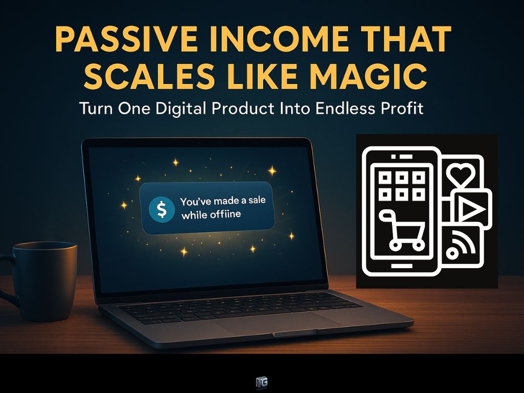Laptop with a glowing alert saying "You’ve made a sale while offline," symbolizing passive income from digital product sales with mobile and online icons.