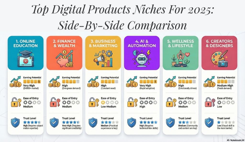 Comparison chart showing six digital product niches ranked by earning potential, ease of entry, and trust level: education, finance, business, AI, wellness, and design.