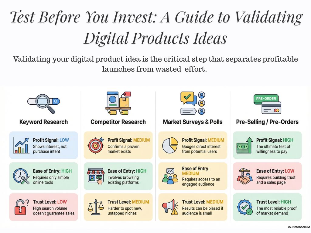 Infographic showing four digital product validation strategies keyword research, competitor research, surveys, and pre-selling ranked by profit signal, ease of entry, and trust level.