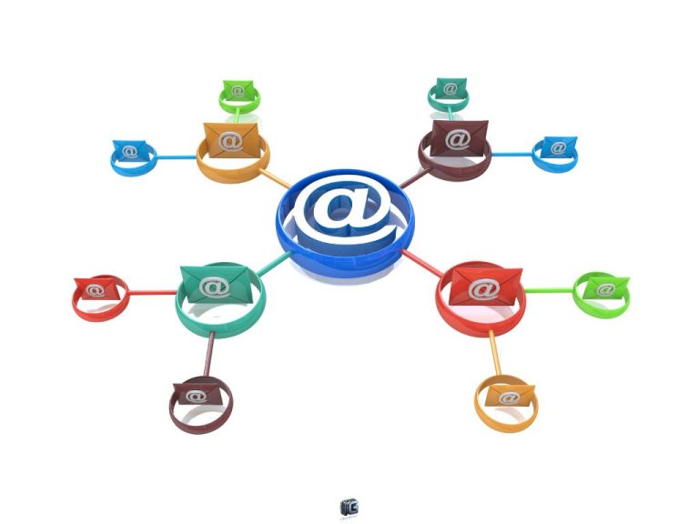 3D graphic of a central email “@” symbol connected to multiple colorful email icons, representing an email marketing network or communication system.