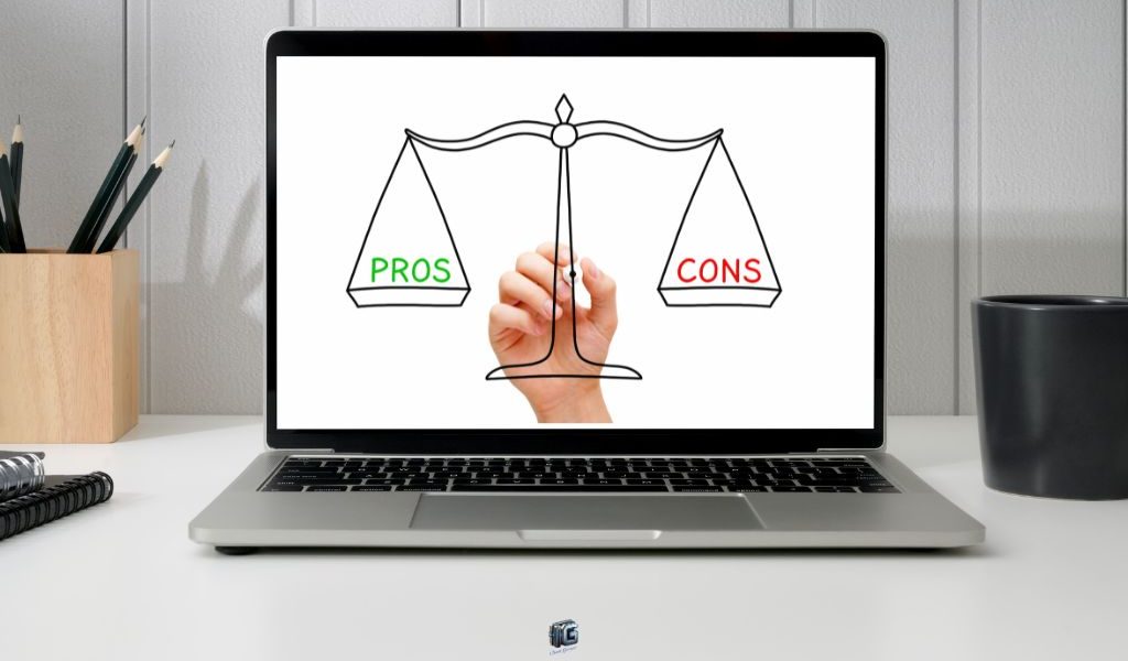 Comparison of the pros and cons of MRR vs PLR in digital marketing, represented by a scale on a laptop.