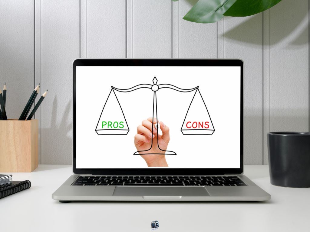 Comparison of the pros and cons of MRR vs PLR in digital marketing, represented by a scale on a laptop.