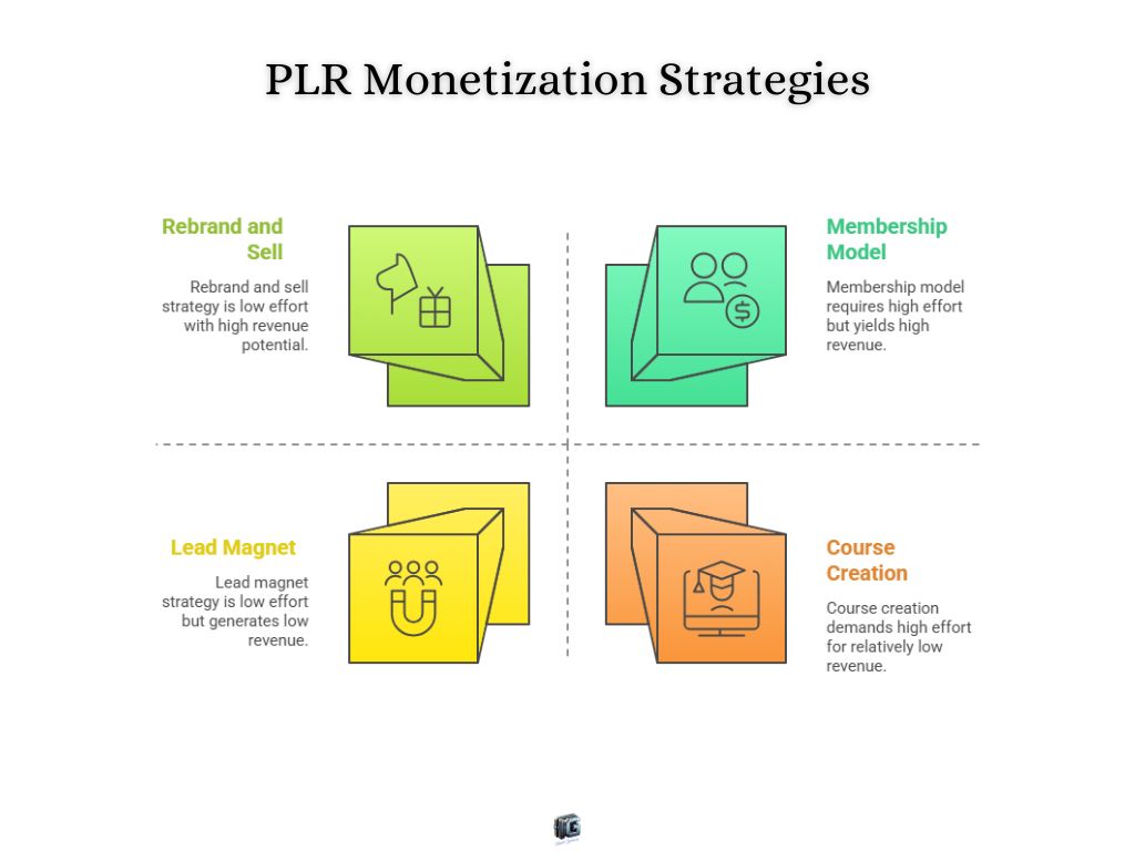 Infographic showing four PLR monetization strategies: rebrand and sell, membership model, lead magnet, and course creation, each with effort and revenue levels.