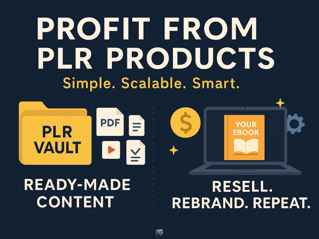 Graphic of a PLR content vault and a laptop showing a customizable ebook, with the message “Profit from PLR Products – Resell. Rebrand. Repeat.”