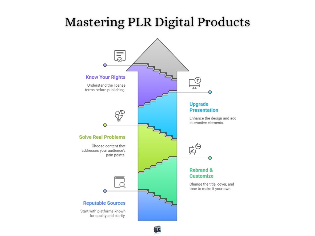 Infographic arrow showing five steps to master PLR digital products: find reputable sources, solve real problems, rebrand content, upgrade presentation, and know your rights.