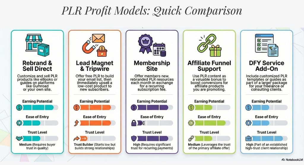 Infographic comparing five PLR profit models—Rebrand & Sell Direct, Lead Magnet & Tripwire, Membership Site, Affiliate Funnel Support, and DFY Service Add-On highlighting pros and trust levels.