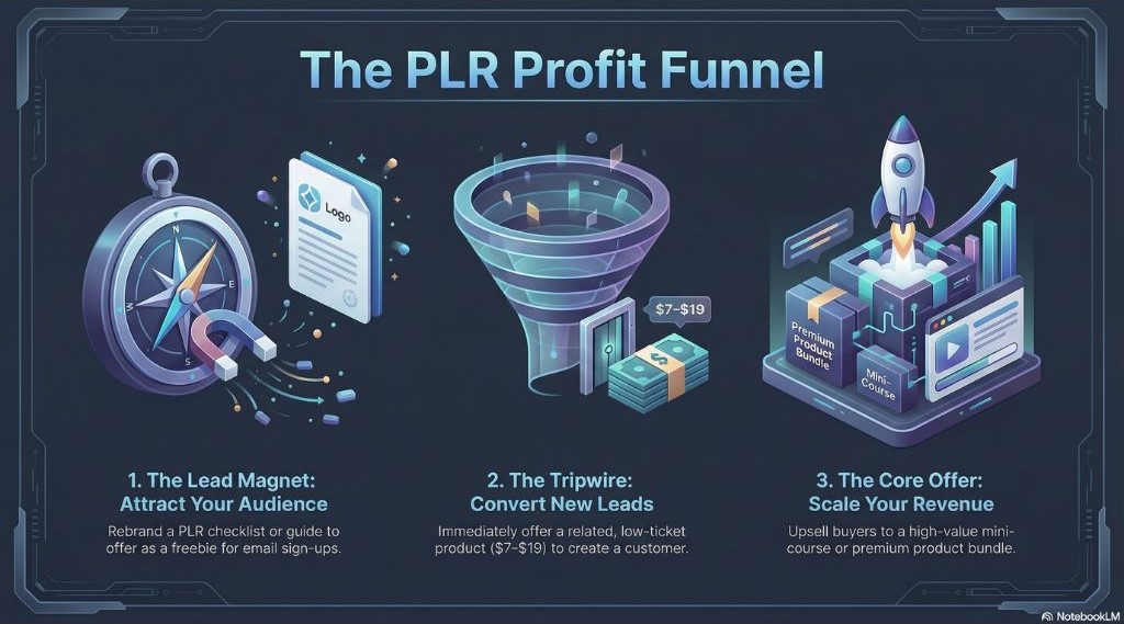 PLR profit funnel graphic showing lead magnet attraction, tripwire offer conversion, and high-ticket core offer for scaling revenue using digital products.