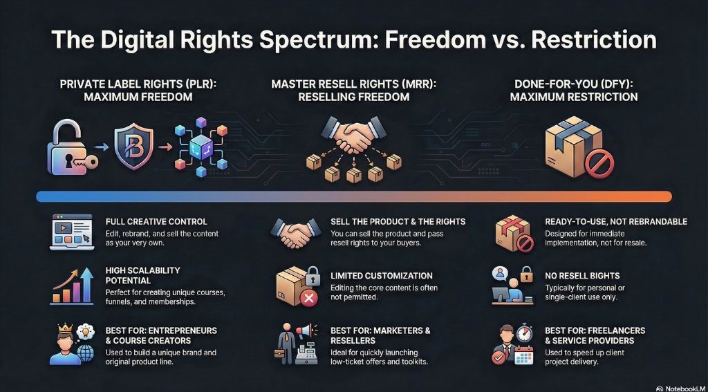 Comparison chart showing PLR, MRR, and DFY digital rights with differences in creative control, resale rights, customization, and ideal use cases.