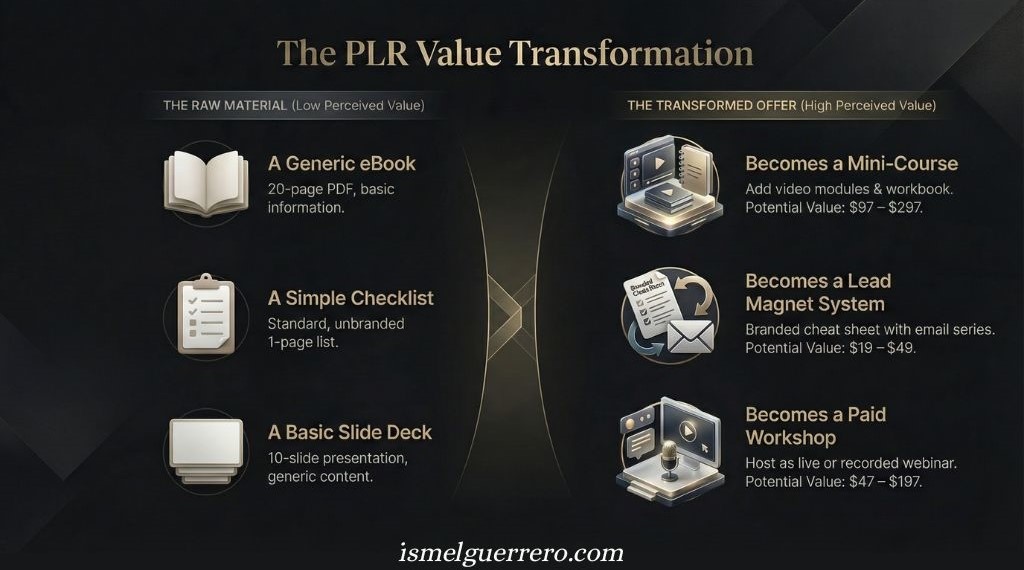 Infographic showing how a generic eBook, checklist, and slide deck can be transformed into a mini-course, lead magnet system, and paid workshop with higher perceived value.