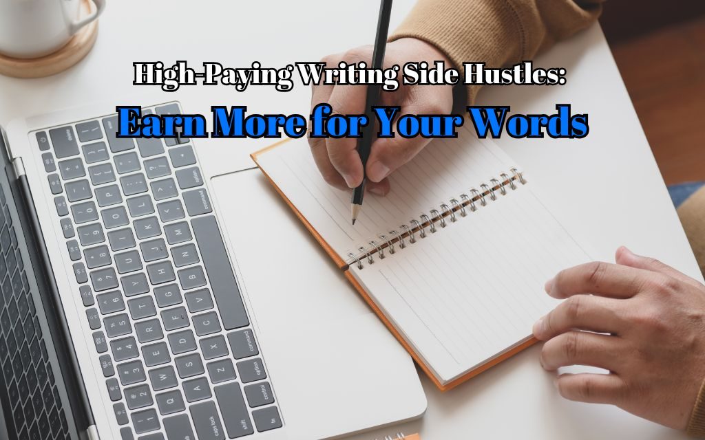 A person writing in a notebook next to a laptop, with the text "High-Paying Writing Side Hustles: Earn More for Your Words" overlayed on the image.
