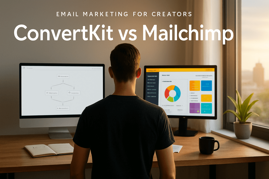 Man comparing ConvertKit automation workflow and Mailchimp analytics dashboard on dual monitors at a desk.