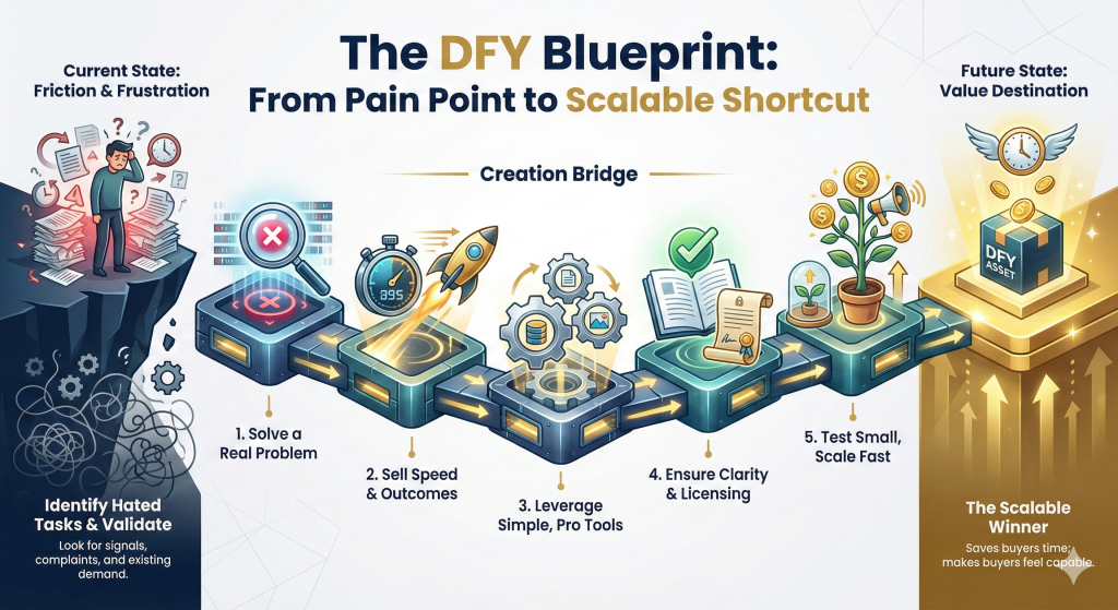 Infographic showing the DFY Blueprint from pain and frustration to scalable success, with steps including solving a real problem, selling outcomes, using pro tools, clear licensing, and fast scaling.