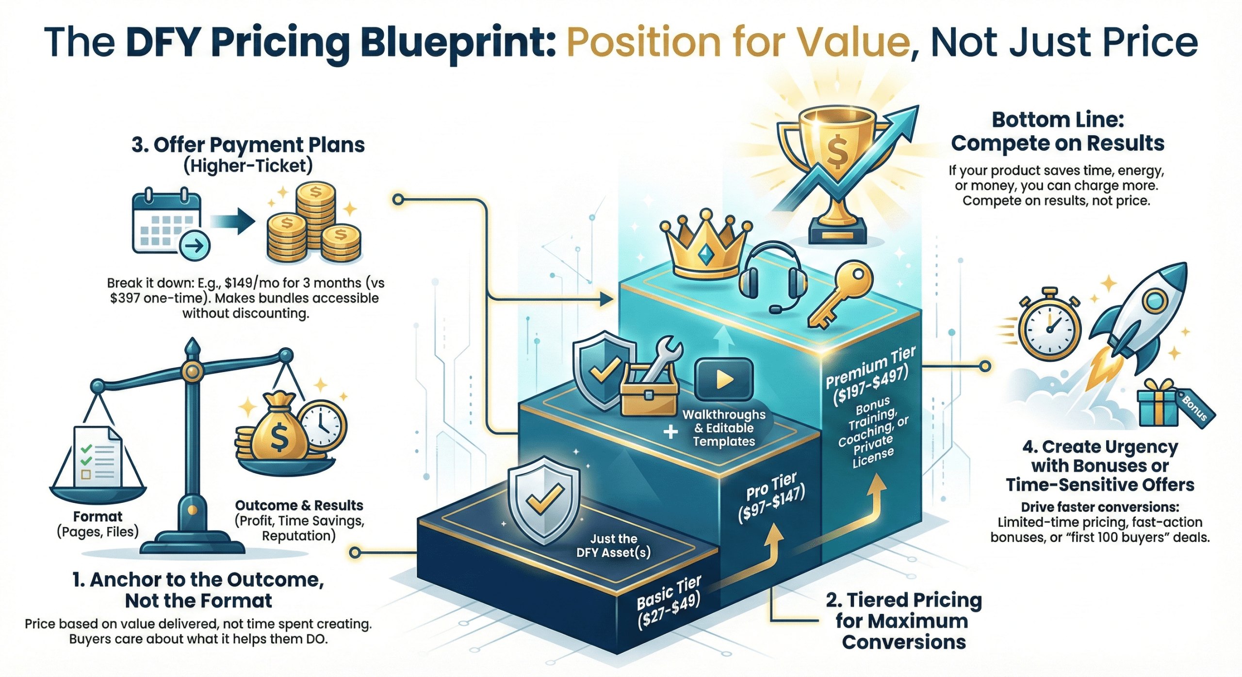 Infographic showing how to price DFY digital products by focusing on outcomes, using tiered offers, offering payment plans, and adding urgency through bonuses or deadlines.