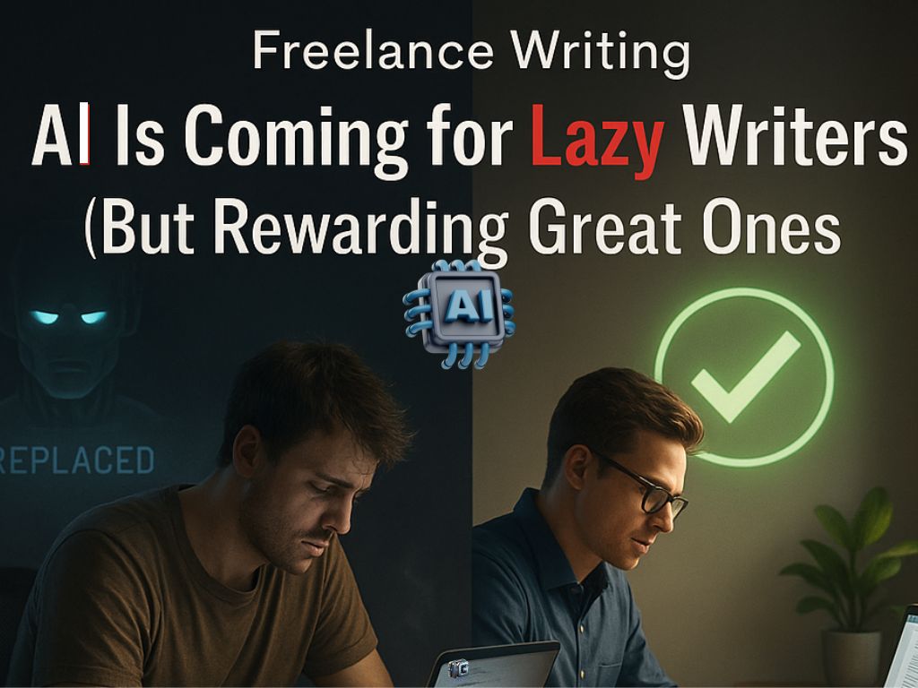 Freelance writing split image showing a discouraged writer replaced by AI on the left and a successful, focused writer thriving with AI on the right, highlighting the impact of AI on freelance writing careers.