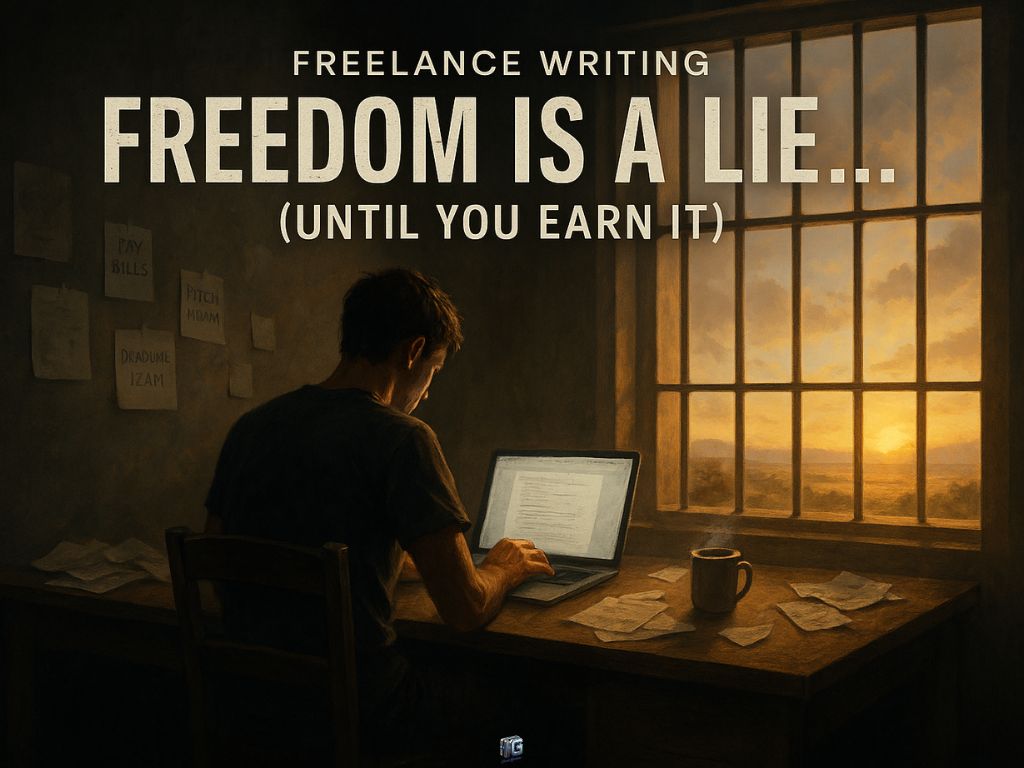 Freelance writing image showing a writer working late at a desk with papers scattered, sunset through a barred window, and notes pinned on the wall, illustrating the hard-earned freedom theme.