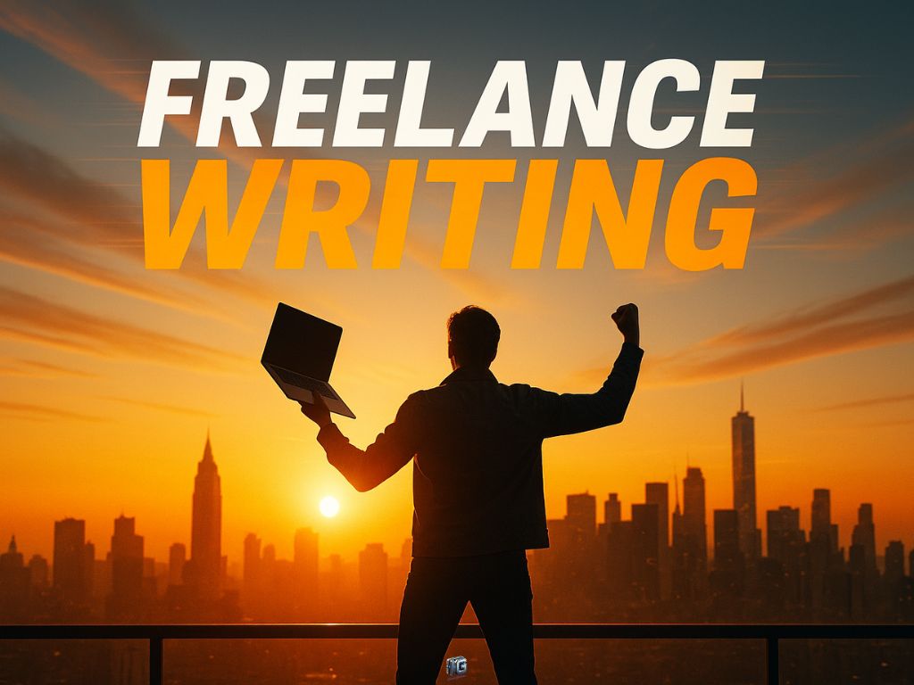 Freelance writing concept showing a silhouette of a person holding a laptop and raising a fist triumphantly over a city skyline at sunrise, with bold "Freelance Writing" text in the sky.