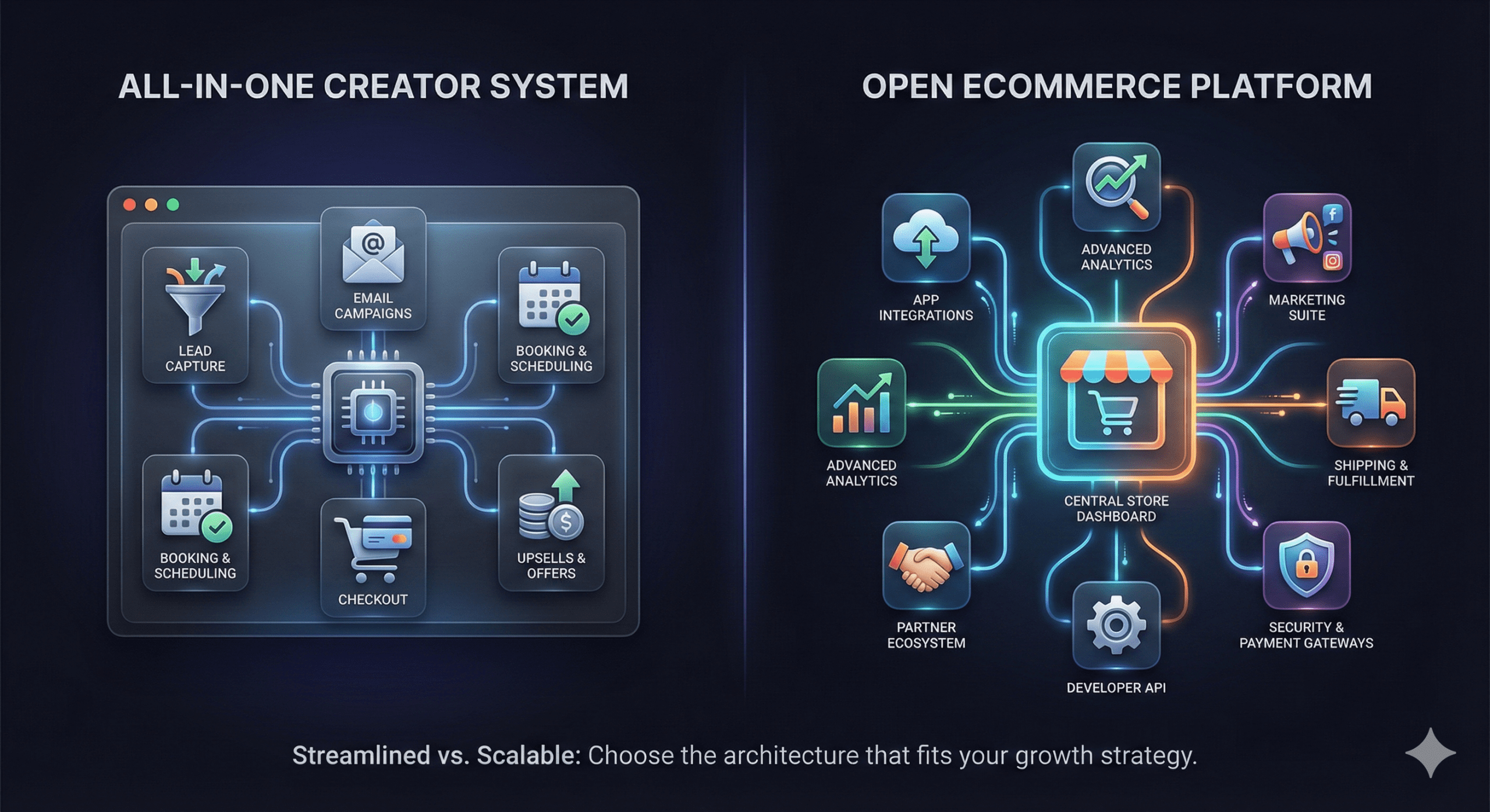 Visual comparison between Stan Store’s all-in-one creator system with email, checkout, and scheduling, versus Shopify’s open eCommerce platform with APIs, marketing tools, fulfillment, and advanced analytics.