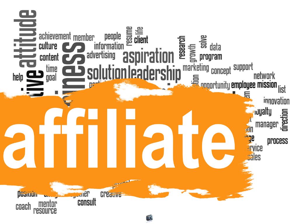 Word cloud featuring the word "affiliate" prominently with surrounding terms like marketing, business, leadership, and attitude.