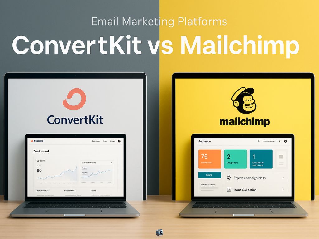 ConvertKit vs Mailchimp comparison with two laptops side by side showing their dashboards, against gray and yellow branded backgrounds.