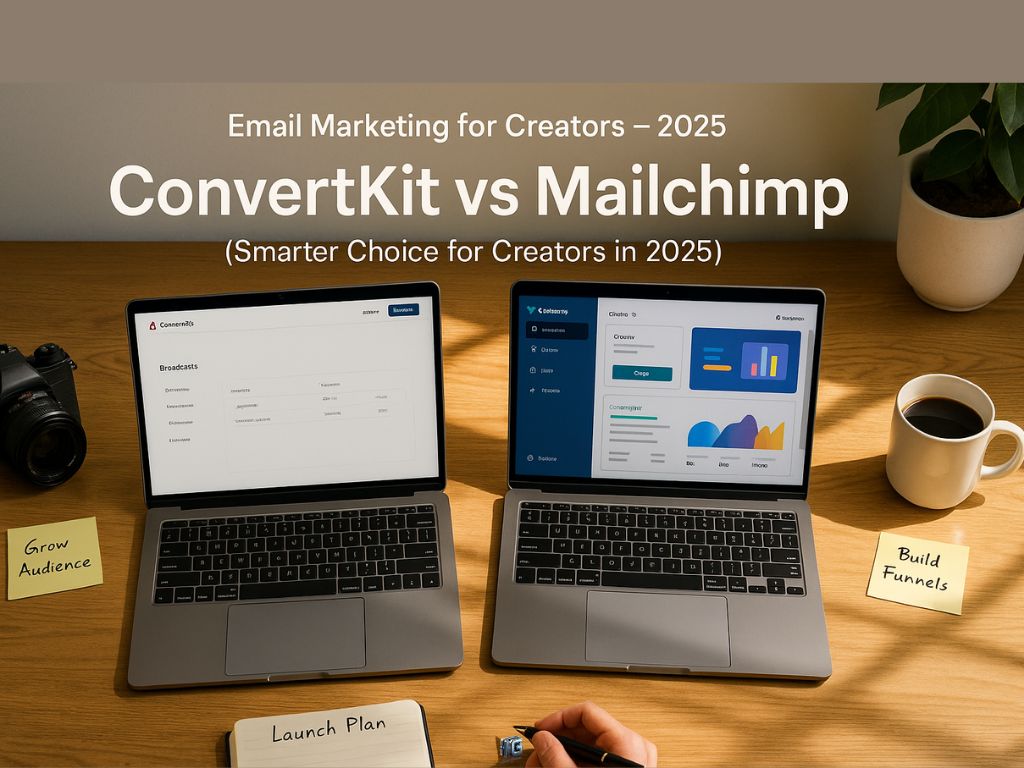 Side-by-side laptops displaying ConvertKit and Mailchimp dashboards on a desk with launch notes, coffee, and camera in a workspace setting.