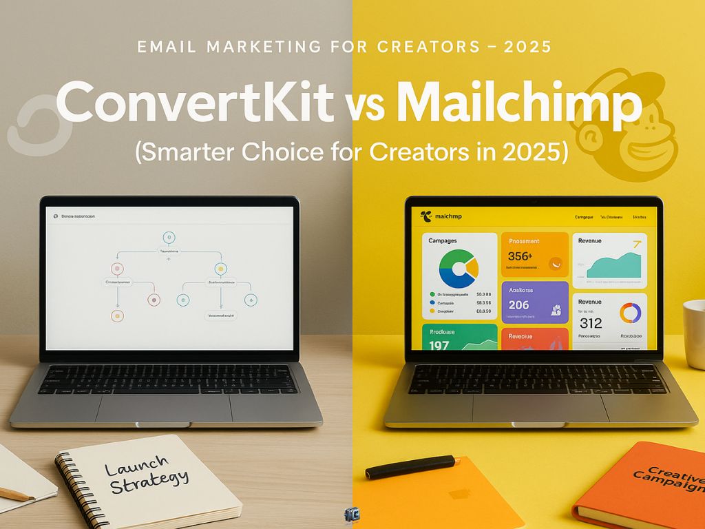 Side-by-side laptops showing ConvertKit and Mailchimp dashboards with marketing notes and props on a creative workspace desk.