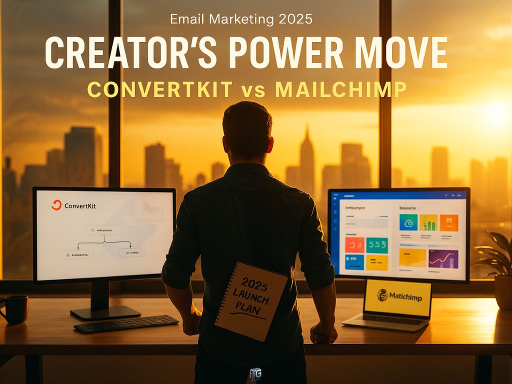 Person standing between ConvertKit and Mailchimp dashboards with sunset skyline view and a "2025 Launch Plan" notebook.