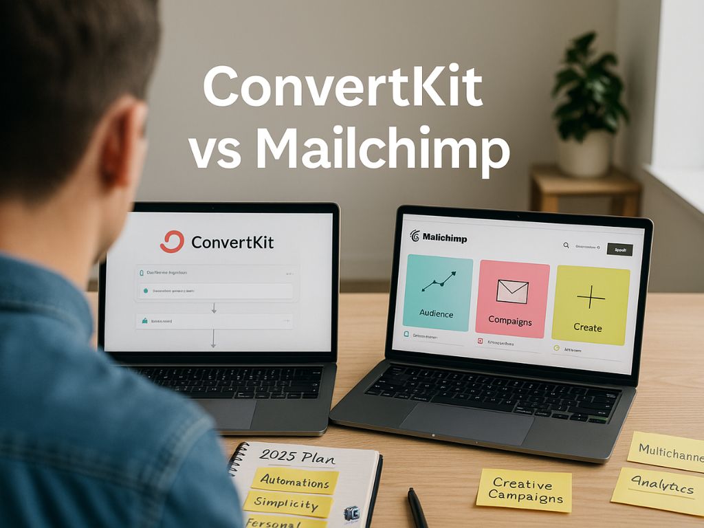 Person viewing ConvertKit and Mailchimp dashboards on laptops with planning notes about automation, campaigns, and strategy for 2025.