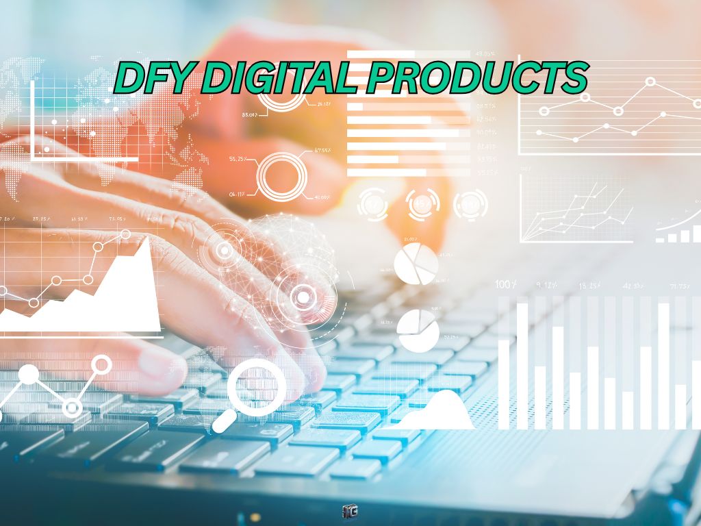 Hands on a keyboard with overlaid charts and analytics visuals, representing automation, data analysis, and global reach of DFY digital products.