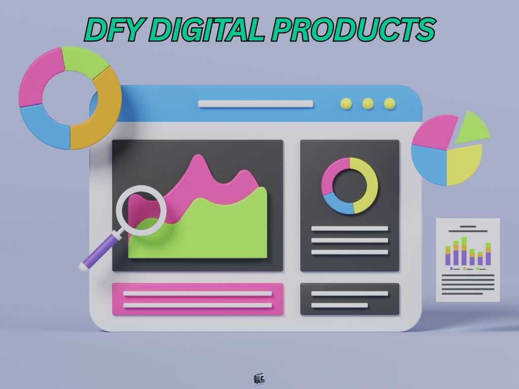 3D illustration of a digital dashboard with colorful charts and graphs under the title “DFY Digital Products,” representing analytics and growth tracking for online businesses.