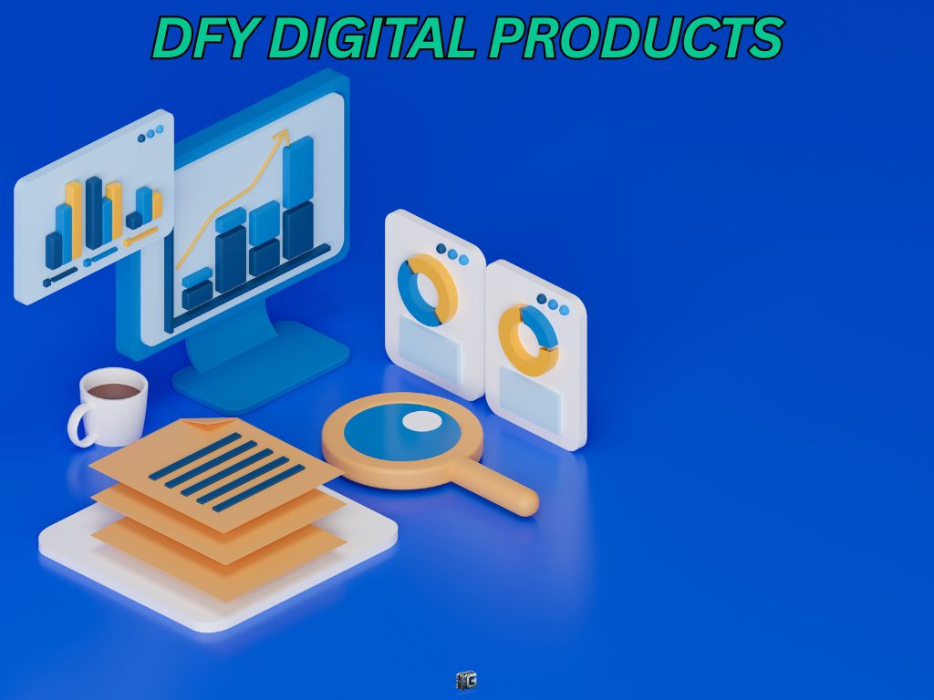 3D-rendered scene of digital dashboards, bar charts, and reports labeled “DFY Digital Products,” symbolizing analytics and automation in online business systems.